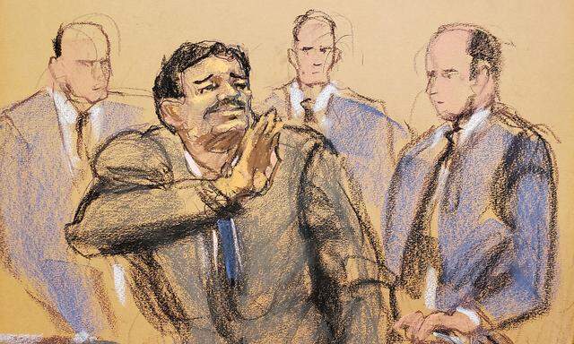 Joaquin 'El Chapo' Guzman waves to his wife Emma Coronel Aispuro in this court sketch during a sentencing hearing for Guzman in New York City
