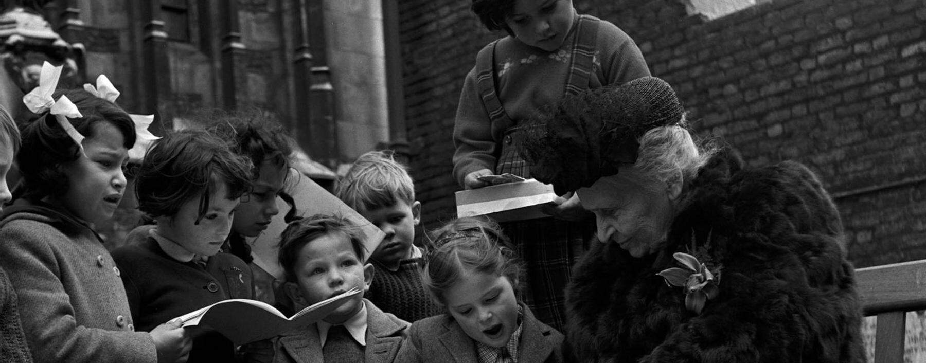 London, England. 1951. Italian educational reformer Maria Montessori, who evolved the Montessori method of teaching children, is pictured during a visit to the Gatehouse School, Smithfield.