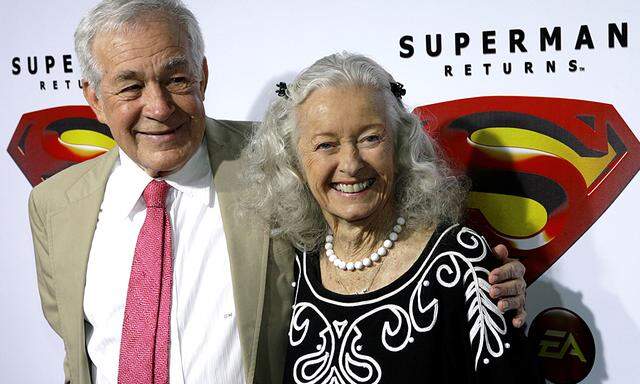 Actors Larson and Neill, who played Olsen and Lane respectively in the 1952 Superman television series, pose for photograph in Hollywood