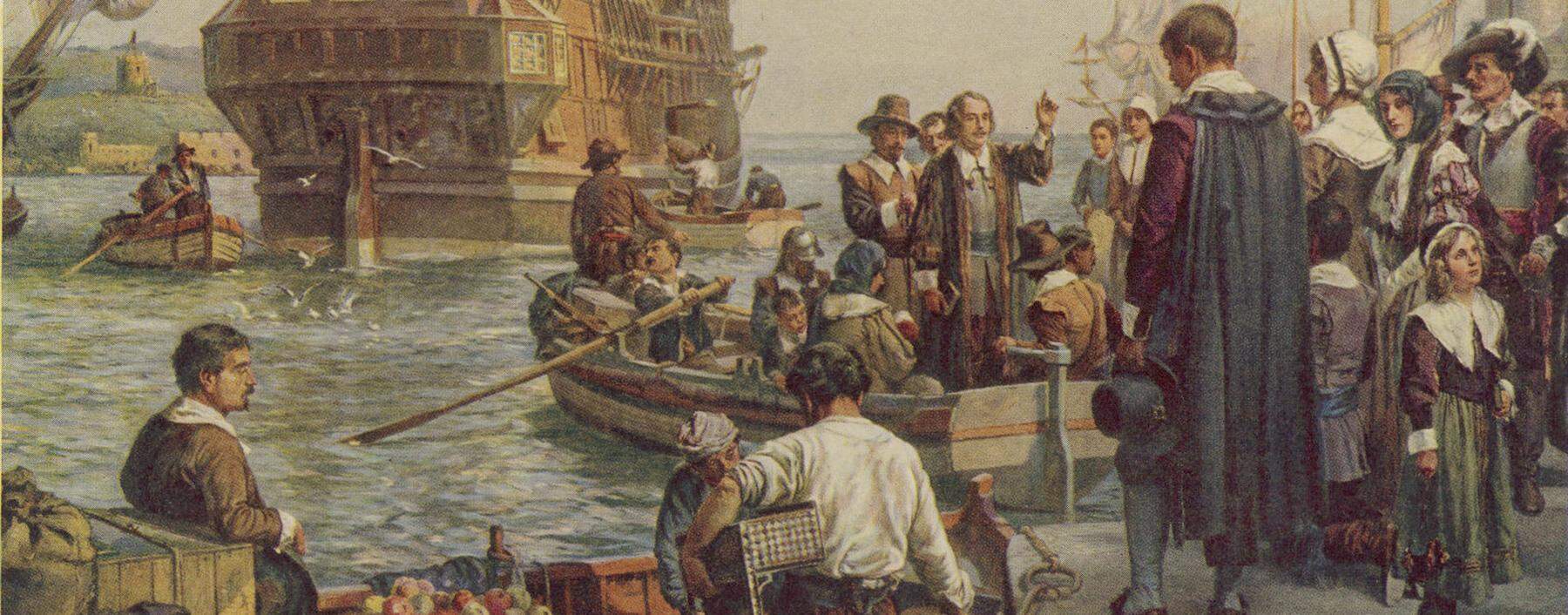 Abschied von England. Am 6. September 1620 begann vom englischen Hafen Plymouth aus die gefährliche Fahrt der Mayflower.