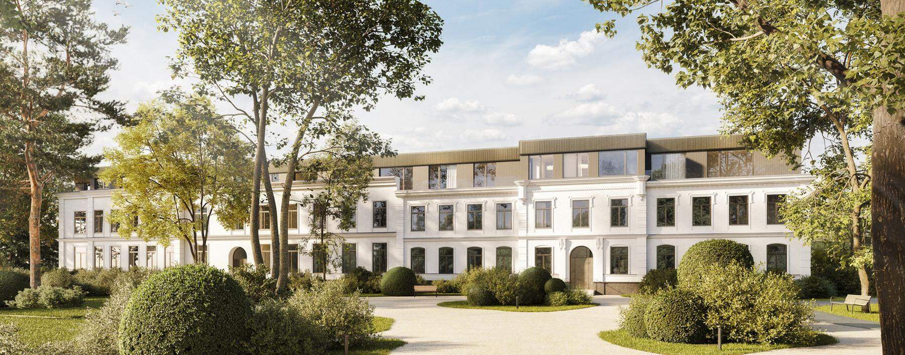 Entwurf von Dietrich Untertrifaller Architekten für das Haupthaus im Projekt „Floriette“, Grünraumkonzept von Kieran Fraser Landcape Design.