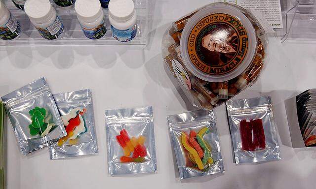 Samples of edible cannabis-based products are displayed during the Cannabis World Congress & Business Exposition in New York City