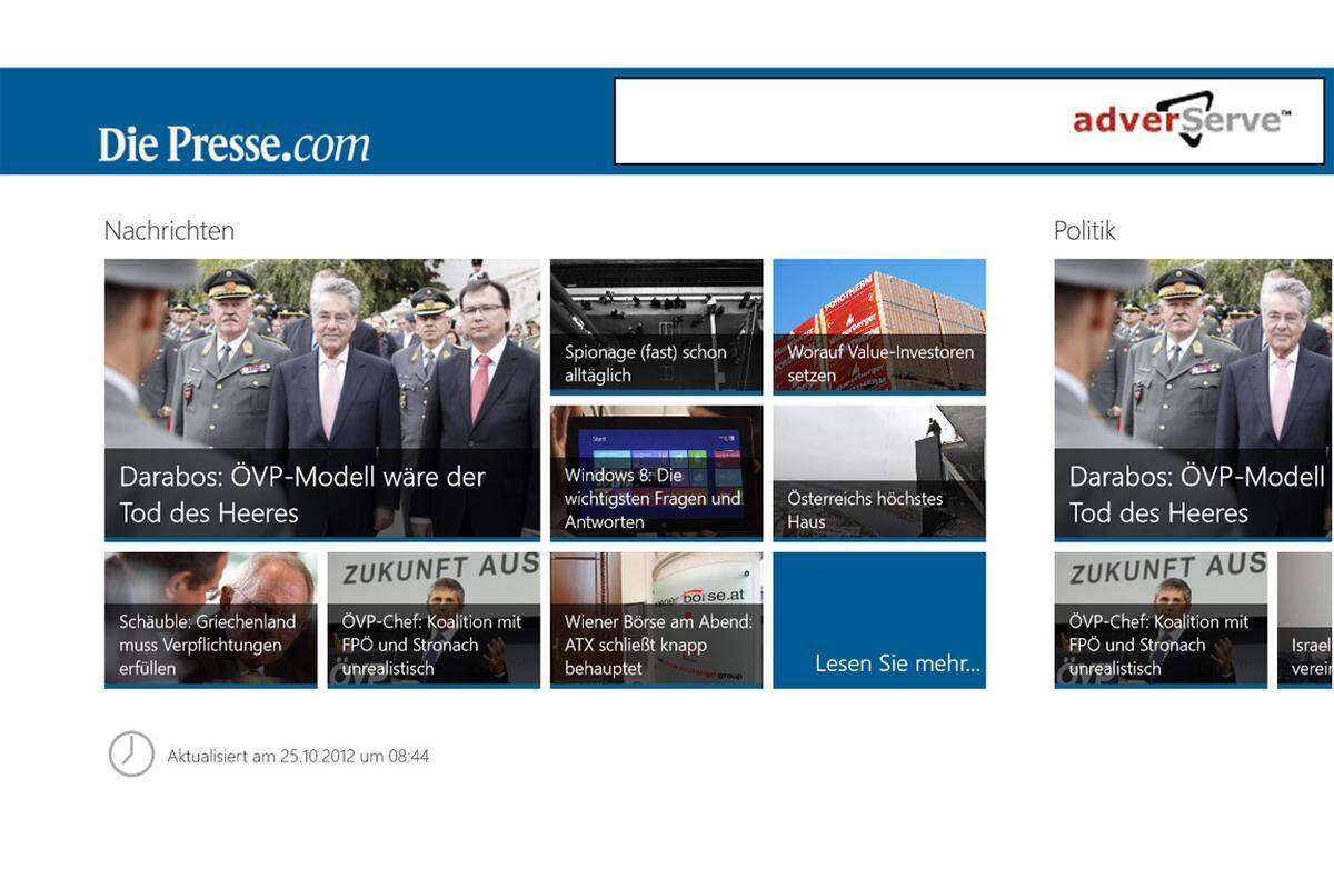 Einmal gestartet, werden die Artikel in der von der Website von DiePresse.com gewohnten Ressorteinteilung angezeigt.