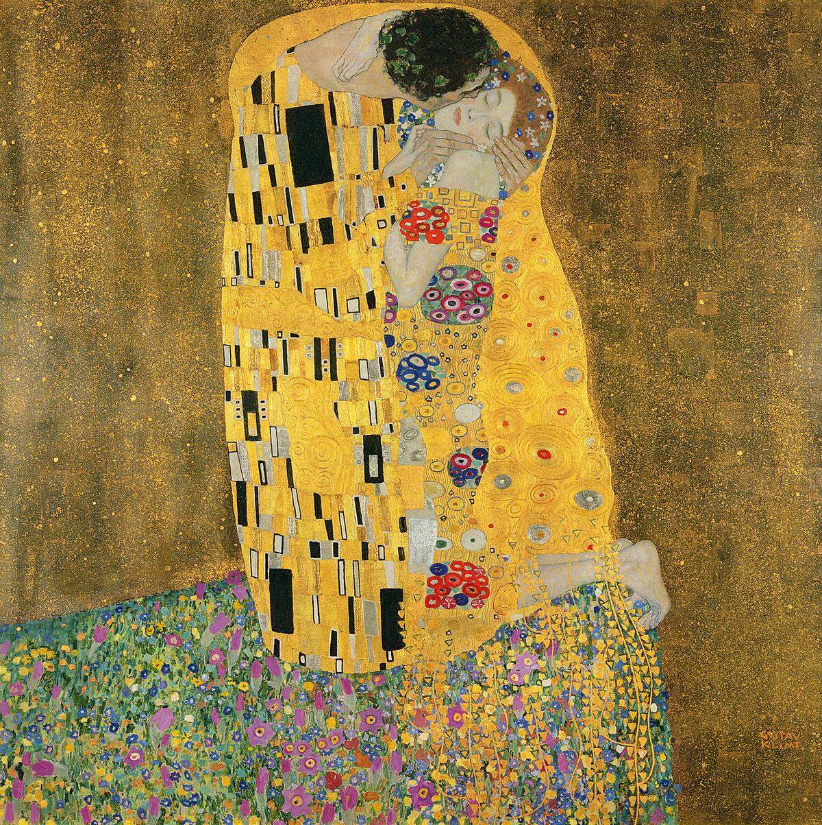Original: Gustav Klimt, Der Kuss, 1907/08, Öl, Silber- und Goldauflagen auf Leinwand.