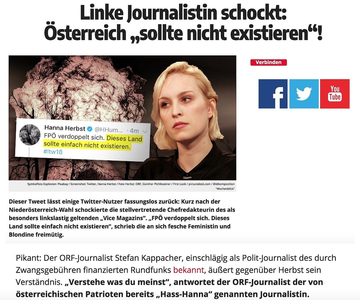 Ausschnitt aus dem Text über Hanna Herbst auf Wochenblick.at