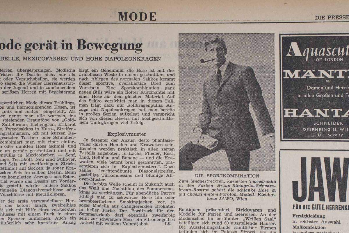 Pfeife und Zeitung als Accessoire für den Herren. Zur "Sportkombination" gehörten aber auch ein "kariertes Tweedsakko in den Farben Braun-Steingrün-Schwarz-braun-Rostrot".
