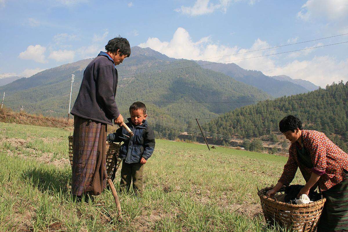 Eine Farmerin aus Haa bestellt gemeinsam mit ihrer Tochter (rechts) und deren Sohn ihr Feld. Noch immer leben mehr als die Hälfte der Einwohner Bhutans von Landwirtschaft. Meistens reicht das Angebaute gerade für die eigene Familie, bedroht wird die Ernte unter anderem durch wilde Schweine.