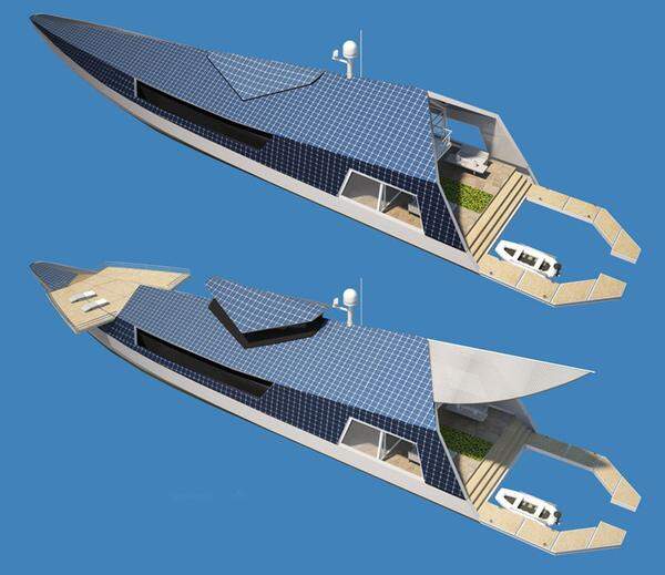 Mit Solarenergie lässt sich die Yacht auch transformieren, etwa durch Sonnendecks und eine Art Markise.
