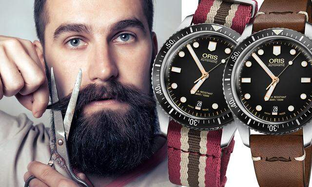 Die „Oris Movember Edition“ präsentiert sich mit zwei Armbändern – einem Nato-Textilband mit einer Metallschlaufe sowie einem braunen Vintage-Lederband. Beide Varianten ziert natürlich das ­Movember-Logo: ein Schnauzer.