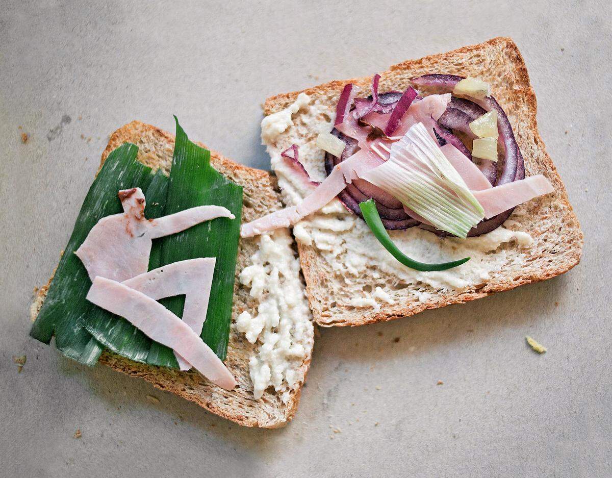 Brot: Schinken, Frühlingszwiebel, Rote Zwiebel, Marmelade und Meerrettich auf Vollkorntoast.