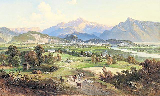 Fernblick auf die Stadt Salzburg vom Plainberg aus vom Maler Josef Mayburger, 1814.