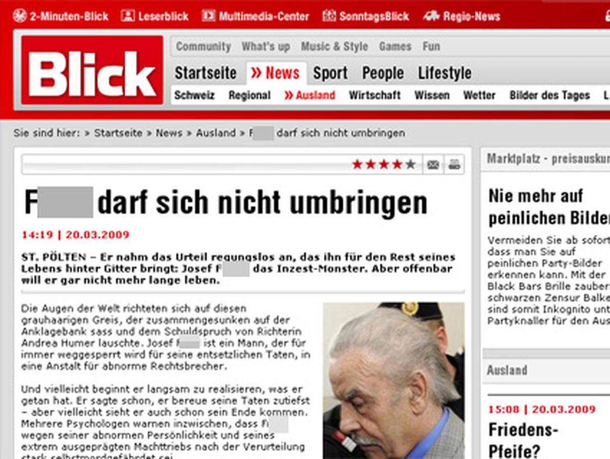 Die Zürcher Boulevard-Zeitung "Der Blick" (Schweiz) bedauert das fortgeschrittene Alter des Verurteilten: "Das Inzest-Monster muss lebenslang hinter Gitter. Schade, dass es für seine Strafe gar nicht mehr lang genug lebt."