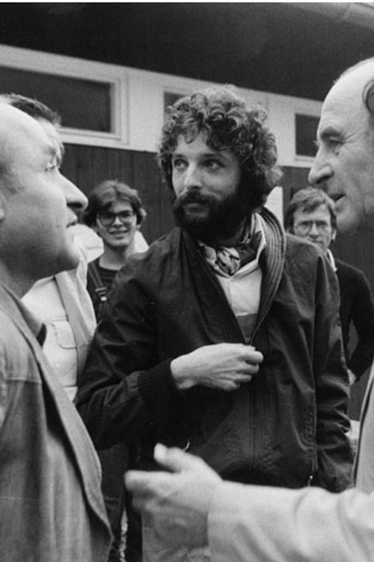 Gustav Peichl, André Heller und Otto Molden im Kongresszentrum, 1979.