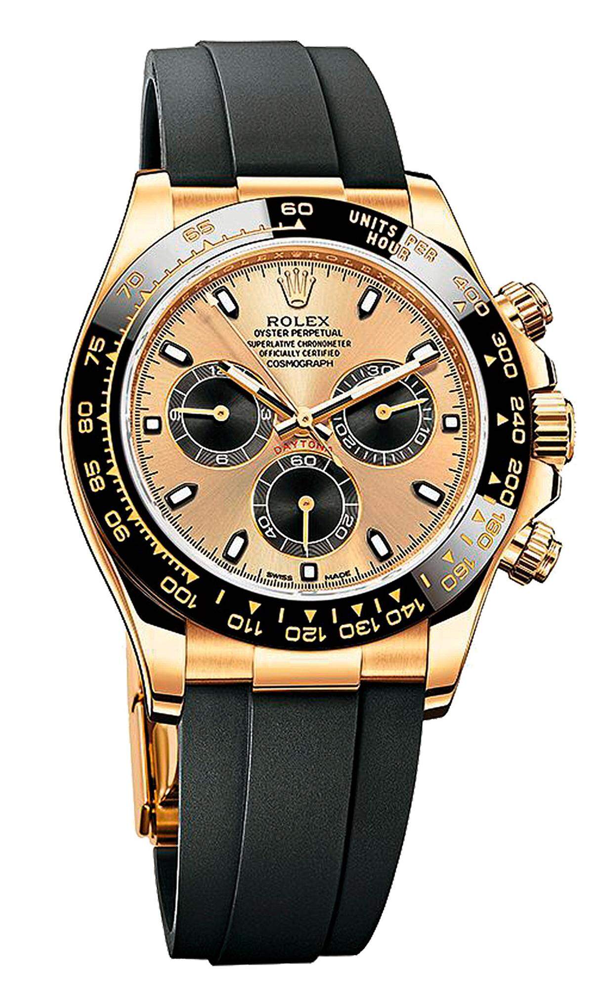 Rolex „Oyster Perpetual Cosmograph Daytona". Die teuerste Uhr der Welt ist eine Rolex „Daytona" aus dem Besitz von Paul Newman – übrigens mit einem Panda-Zifferblatt. Die aktuelle Version gibt es im trendigen Gelbgold mit schwarzer Keramiklünette und „Oysterflex"-Band aus schwarzem Elastomer.