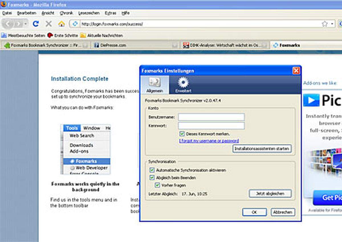 Foxmarks ist ein Add-On zum Synchronisieren von Bookmarks. Nach einer kurzen Registrierung gleicht Foxmarks die "Lesezeichen" von Firefox-Browsern auf beliebig vielen Rechnern ab. Dazu muss das Add-On auf allen Rechnern installiert sein, die synchron gehalten werden sollen.
