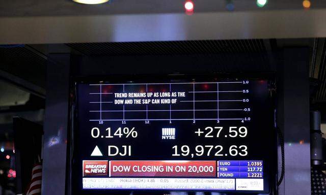 A monitor on the floor of the NYSE shows the Dow Jones Industrial Average up 27 points after the ope