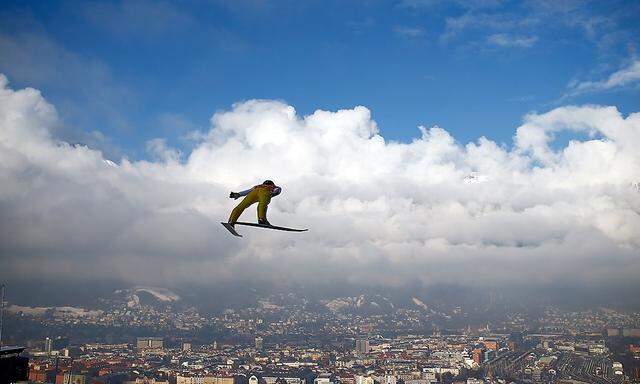 Prevc of Slovenia soars through the air during a trial jump for the third jumping of the 64th four-hills ski jumping tournament in Innsbruck