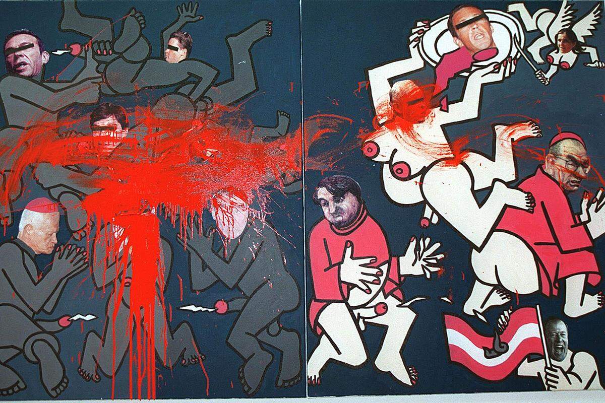 Einen Skandal gab es auch 1998: "Pornojäger" Martin Huemer überschüttete in der Secession das Muehl-Bild "Apokalypse/Keinen Keks heute" (im Bild) mit roter Farbe.