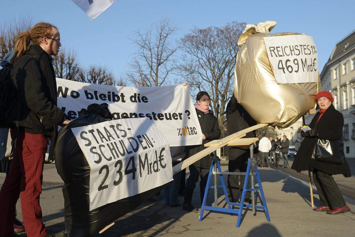 Die Proteste waren von Attac und der Österreichischen Hochschülerschaft organisiert worden. Etwa 250 Demonstranten fanden sich ein, um ihrem Unmut gegen die Abschaffung des eigenständigen Wissenschaftsministeriums und das Ausbleiben von Vermögenssteuern kundzutun.