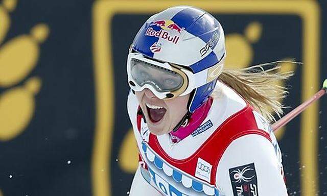 Vonn of the U.S. reacts in the finish area after the women's Alpine skiing World Cup Super-G race in St. Moritz