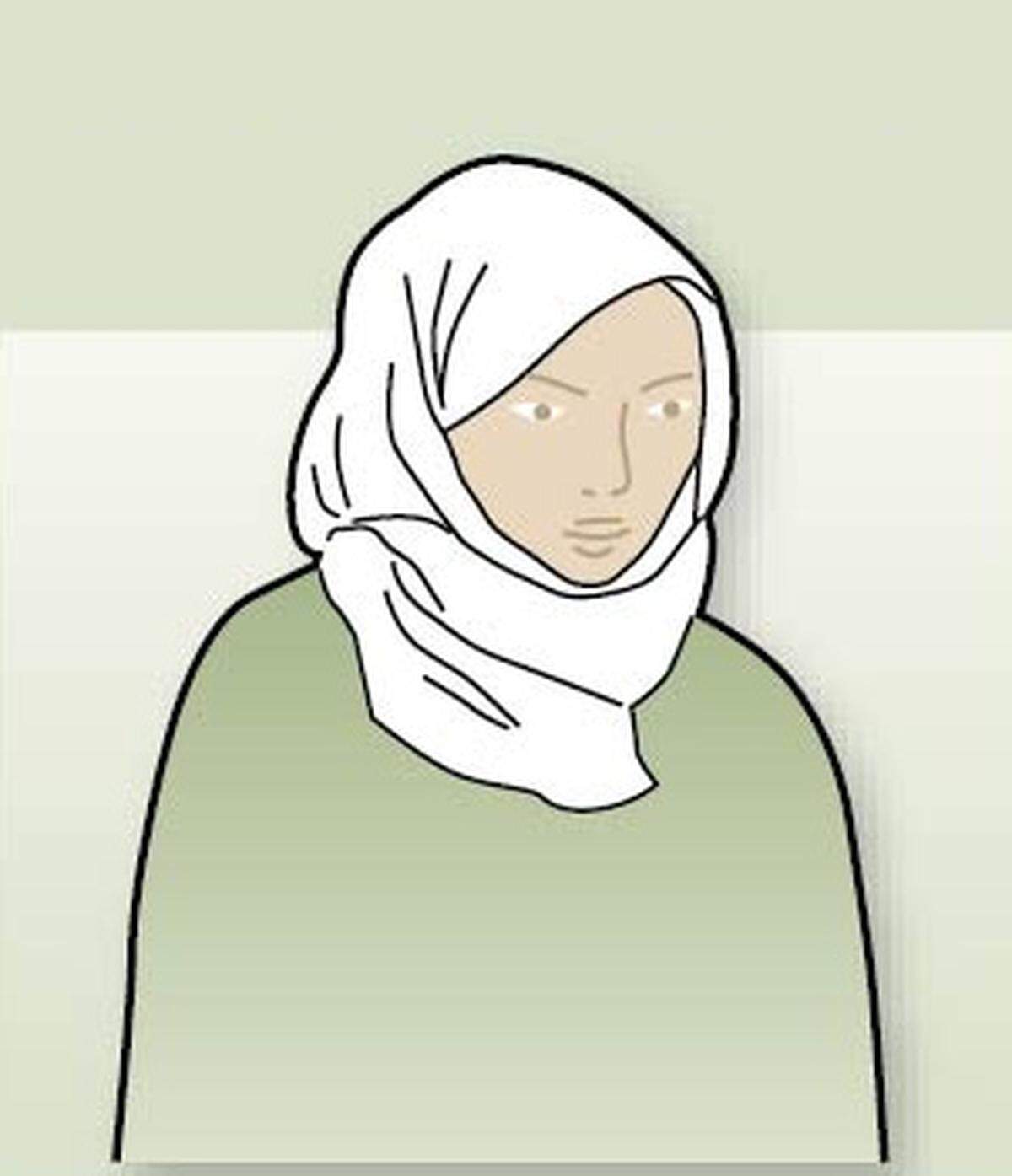 Kopftuch, Haare, Ohren, Hals und Ausschnitt bedeckt.Verbreitung: gesamte islamische Welt