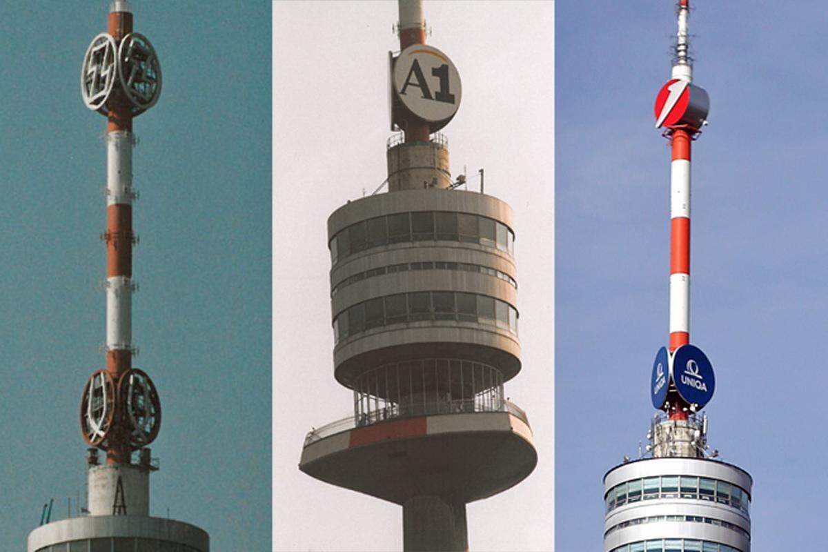 Der Turm ist ein beliebter Werbeträger: In rund 225 Metern Höhe war schon bei der Eröffnung das Logo der Zentralsparkasse über dem von Schwechater angebracht (Bild ganz links), zwischendurch hatte A1 gebucht, und heute hängt das Logo der UniCredit über dem der Uniqua.