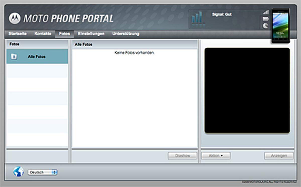 Im ersten Moment erinnert das Moto-Portal stark an "MyPhone" von Microsoft für Windows Mobile. Man erhält Zugriff auf SMS, Anruflisten und Kontakte und kann diese bearbeiten. Moto überrascht aber mit einigen Besonderheiten. So lassen sich Fotos am Rechner als Diashow anzeigen, ohne sie vorher herunterladen zu müssen. Fotos können außerdem direkt im Browser bearbeitet werden. Änderungen werden natürlich sofort auch wieder auf das Handy zurückgespielt.