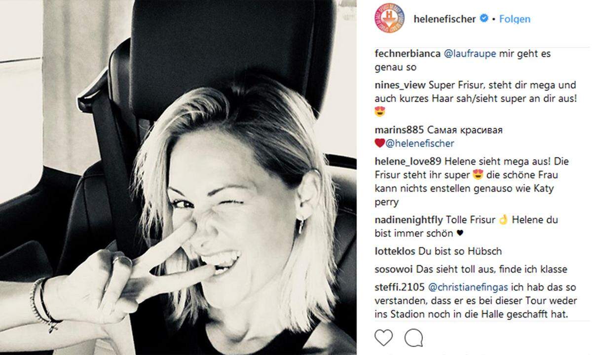 "I'm on my way! Heute letzte Stadionshow in Stuttgart. Noch einmal alles mit euch geben, teilen, fühlen!", schrieb Helene Fischer dazu auf Instagram. Unerwähnt bleibt nur ihr neuer Long-Bob-Schnitt.