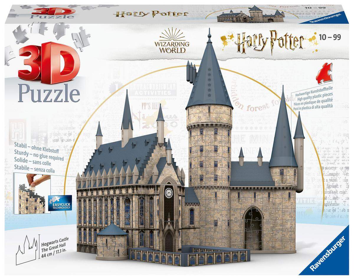 Ein Muss für alle Harry-Potter-Fans: Die weltberühmte Zauberschule gibt es als 3D Puzzle. Das Hogwarts-Schloss lässt sich - mit viel Geduld - in den eigenen vier Wänden nachbauen. Es ist 44 cm hoch und besteht aus 540 Puzzleteilen. Ab 99, 99 Euro erhältlich bei www.ravensburger.de.