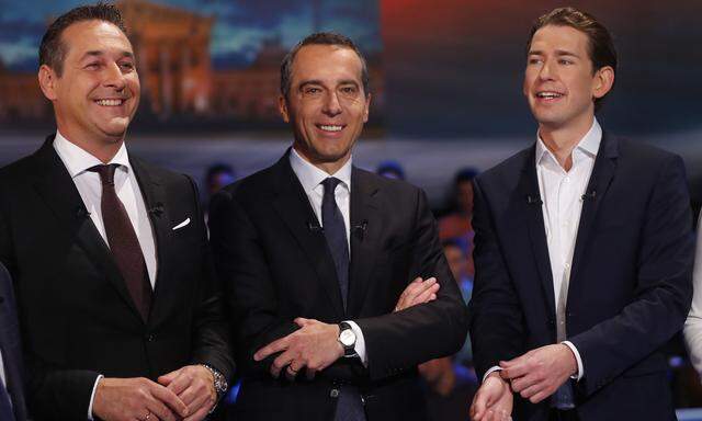 FPOe top candidate Strache, SPOe top candidate Kern and OeVP top candidate Kurz prepare for a TV discussion in Vienna