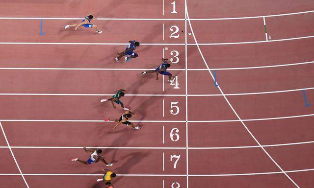 100-m-Weltmeister Christian Coleman (Bahn vier) und die schnellsten Männer der Welt.