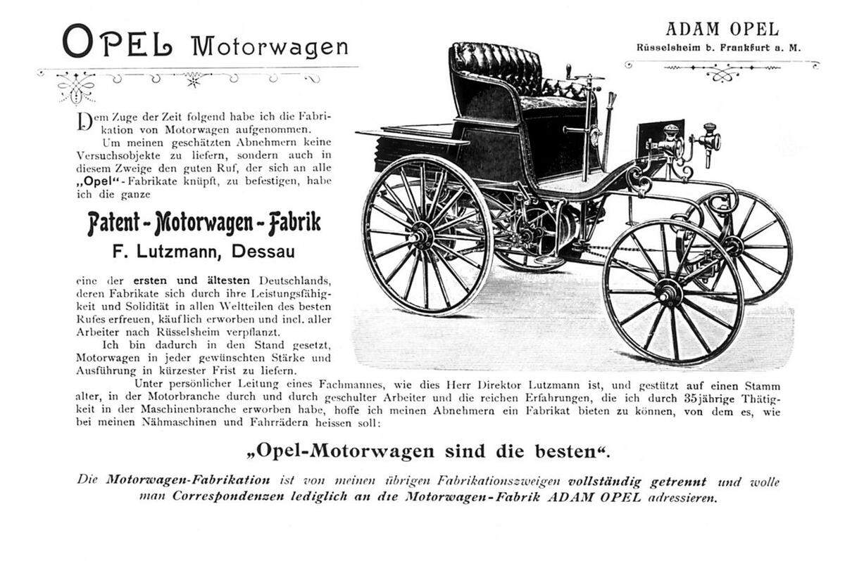 Mit dem Kauf des Autoherstellers Lutzmann erweiterte Opel sein Geschäftsfeld - ursprünglich vor allem Nähmaschinen und Fahrräder - auf Motorwagen. Lutzmann wurde samt Belegschaft sogleich an den Opel-Standort Rüsselsheim "verpflanzt", wie es in dieser Reklame heißt.