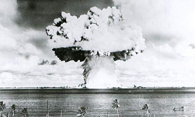 U.S. Navy file handout image shows Baker, the second of the two atomic bomb tests, in which a 63-kiloton warhead was exploded 90 feet under water as part of Operation Crossroads, conducted at Bikini Atoll