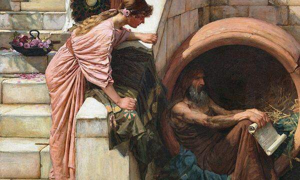 Wie ein indischer Asket: Diogenes in der Tonne, hier gemalt von John William Waterhouse (1882, Ausschnitt).