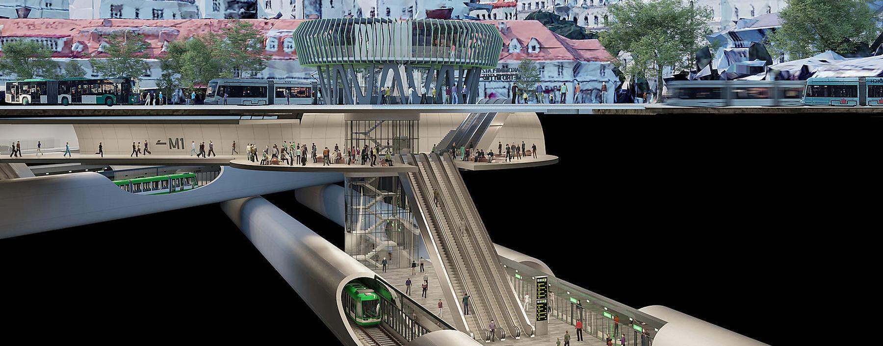 Die Pläne für eine U-Bahn in Graz: Am Jakominiplatz sollen die Linien M1 und M2 zusammentreffen.