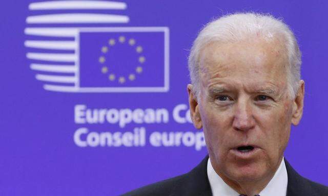 U.S. Vice President Biden makes a joint statement with European Council President Tusk ahead of a meeting at EU Council headquarters in Brussels