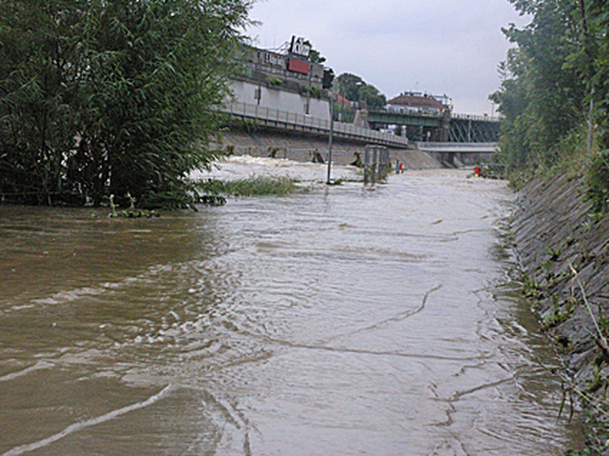 Beim Bahnhof Hütteldorf zeigt sich die Wien als reissender Fluss. Der Radweg entlang der Wien steht über einen Meter unter Wasser.