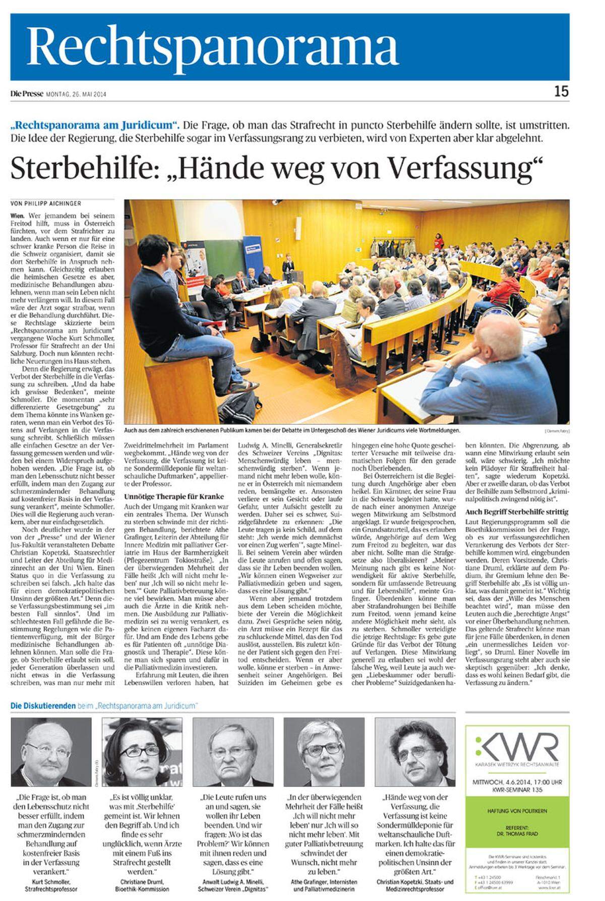 26. Mai 2014: Das Thema Sterbehilfe beim "Rechtspanorama am Juridicum" zwingt wieder zur Übersiedlung aus dem Dachgeschoß des Juridicums in einen großen Hörsaal.