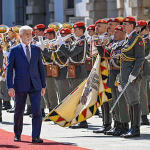 Austrian President Alexander Van der Bellen, left, meets his Czech counterpart Petr Pavel, right, on June 1, 2023, in Vi
