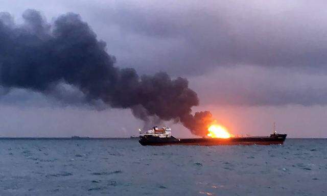 KERCH REPUBLIC OF CRIMEA RUSSIA JANUARY 21 2019 A vessel on fire in the Kerch Strait KerchFM