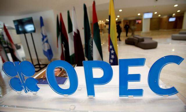 OPEC logo is pictured ahead of an informal meeting between members of the Organization of the Petroleum Exporting Countries (OPEC) in Algiers