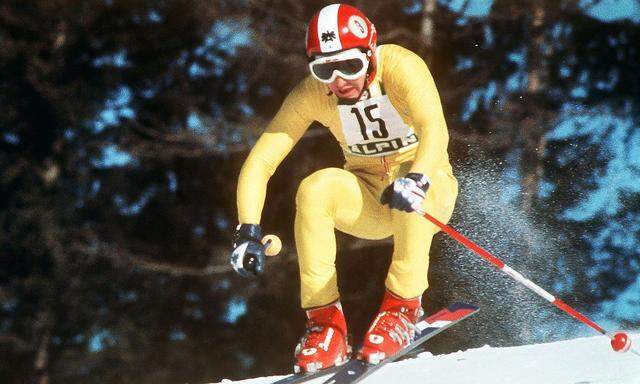 Franz Klammer bei der Olympia-Abfahrt 1976. 1976
