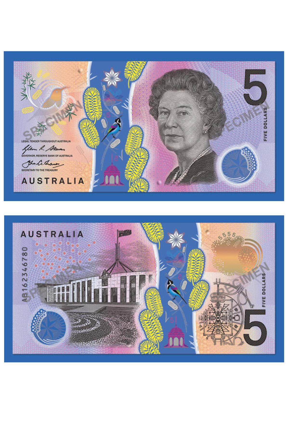 Eine Welle des Missmuts hat der neue Fünf-Dollar-Schein in Australien hervorgerufen. Die Banknote, die ab 1. September im Umlauf sein wird, "sieht aus wie Erbrochenes", schreibt ein Twitter-Nutzer. In einem anderen Kommentar heißt es: "Tausend Affen mit tausend Versionen von Photoshop könnten sich niemals so etwas Widerliches ausdenken." Ausgedacht haben sie sich laut Notenbank aber auch "Experten und die Bargeld benutzenden Industrie". Vogelkundler waren offenbar keine dabei, denn auch das Bild eines Vogels aus der Familie der Honigfresser sei "farblich total daneben", sagt die Vogelschutzorganisation Birdlife Australia. Aber nicht alle haben ein Problem mit dem Fünfer, so meint etwa ein Twitter-Nutzer: "Ich mag die neue australische Fünf-Dollar-Note. Für alle, die sie hassen: Ihr dürft mir die Scheine gerne rüberreichen."