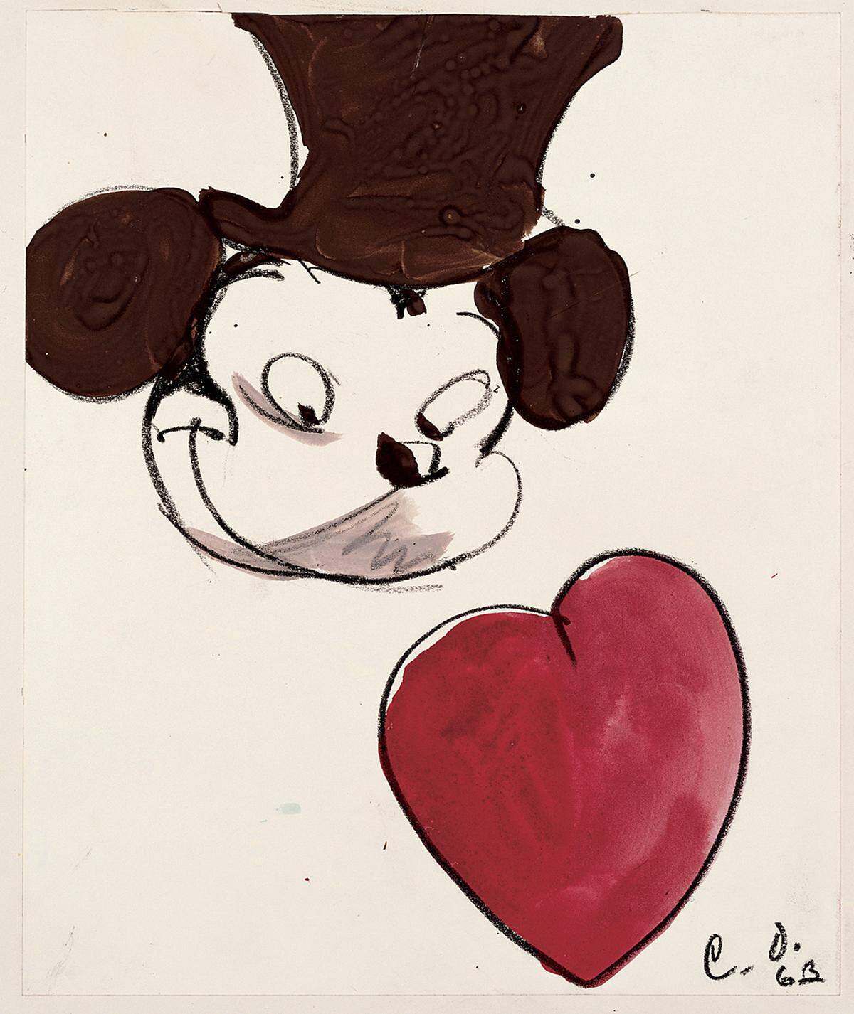 Noch nie wurde das Frühwerk des Pop-Art-Protagonisten in solcher Dichte gezeigt. Man ziert damit das Cover des "Artforum International", nach Ende der Wiener Station (28. Mai) wandert "The Sixties" weiter nach Köln, Bilbao, ins New Yorker MoMa und nach Minneapolis. Mumok-Direktorin Karola Kraus zeigt sich "unglaublich stolz".  Claes Oldenburg: "Study for Announcement for One-Man Show at Dwan Gallery - Mickey Mouse with Red Heart", 1963, Photography by Sheldan C. Collins (c) Claes Oldenburg / Whitney Museum of American Art, N.Y.