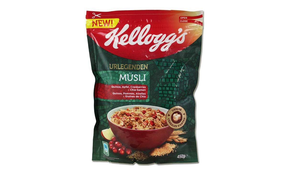 Das "Urlegenden Müsli Quinoa, Apfel, Cranberries & Chia-Samen" der Firma Kellog's steht ebenfalls zur Wahl für den "Windbeutel". Das Müsli enthalte nur 2,5 Prozent "Urkorn" in Form von Quinoa, dafür aber 20 Prozent Zucker, Palmöl, Aroma und Zusatzstoffe. "Alles andere als ursprünglich", kommentierte Foodwatch. Kellog's erklärte, das Unternehmen müsse die Vorwürfe zunächst prüfen.