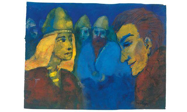 Emil Noldes undatiertes Aquarell „Herrin und Fremdling“ diente ihm vermutlich als Vorlage für sein Gemälde „Nordische Menschen“ (1938). Es ist derzeit im Museum im Hamburger Bahnhof in Berlin zu sehen.