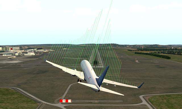 Simulation einer möglichen Luftturbulenz: Die Luftströmungen (grüne Linien) werden mit beweglichen Teilen der Tragflügel kompensiert. 