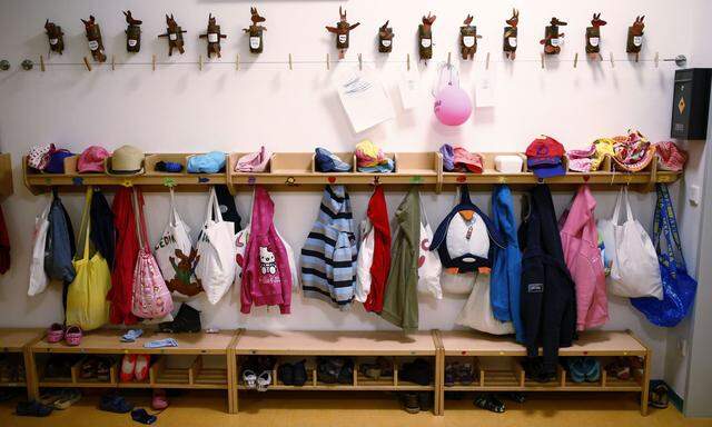 Wardrobe for children is seen inside Kindergarten in Hanau