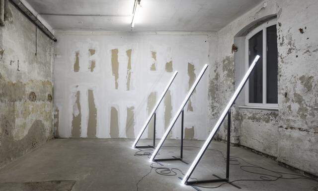 Neonskulptur, die mit Schatten spielt: Arbeit von Miriam Hamann in der Rosinagasse 19, Wien 15.