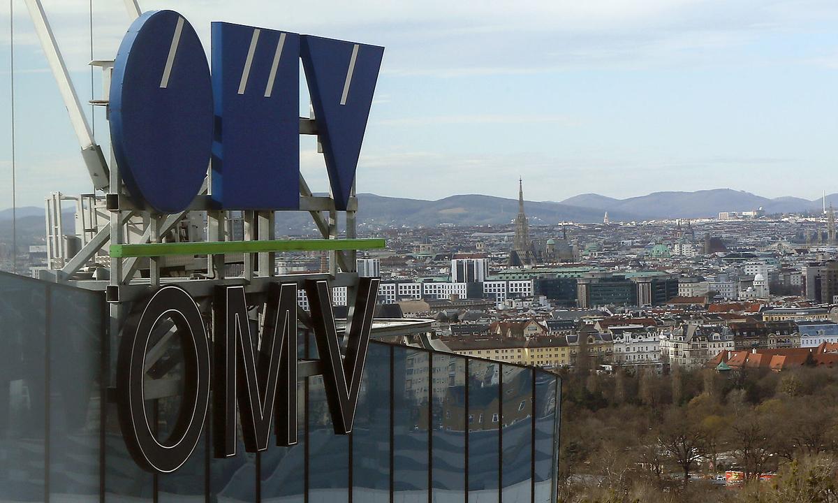 The logo of Austrian energy group OMV is pictured on the rooftop of its headquarters in Vienna